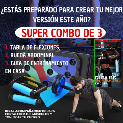 GRAN COMBO TABLA DE FLEXIONES , RUEDA ABDOMINAL + GUIA DE ENTRENAMIENTO EN CASA